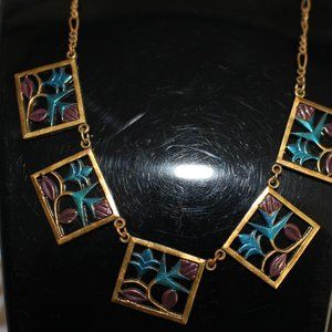 Vintage Beautiful Jools Enameled Necklace Birds & Floral Multi Colored New